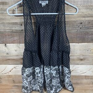 Self Esteem Black Floral Polka Dots Vest Women’s (L) Sheer Blouse Sleeveless Top